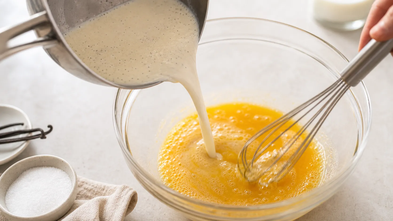 Warm vanilla cream being poured into whisked egg yolks for keto eggnog