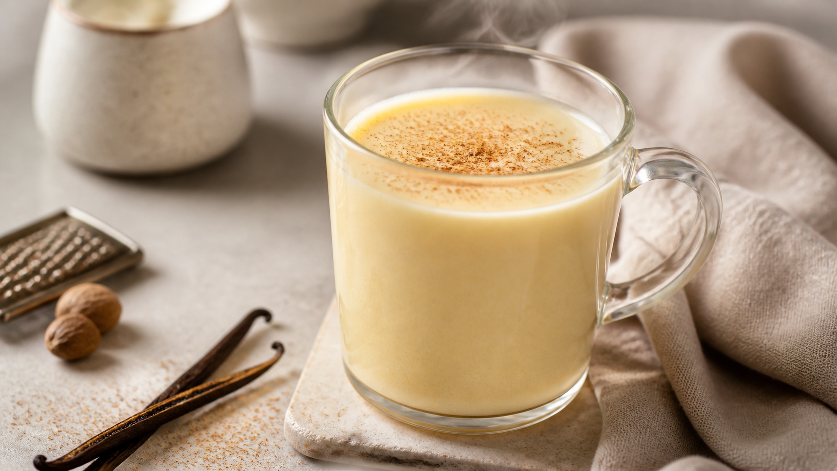 Warm keto eggnog with vanilla and nutmeg in a glass mug