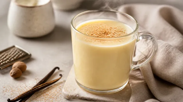 Warm keto eggnog with vanilla and nutmeg in a glass mug
