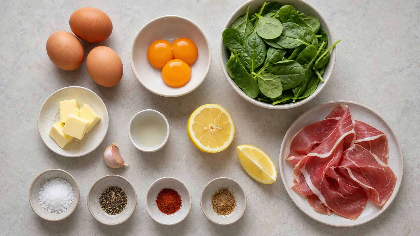 Ingredients for keto eggs Benedict: eggs, baby spinach, serrano ham, butter, lemon, and pepper
