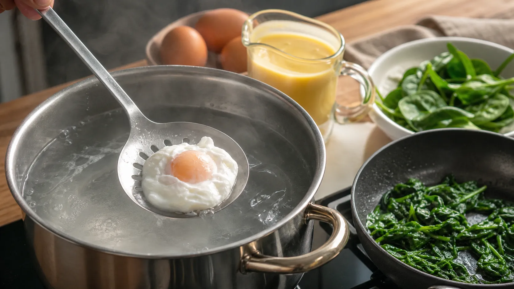 Poached egg lifted from the water bath with a slotted spoon, alongside warm hollandaise sauce in a glass