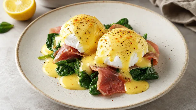 Keto eggs Benedict with poached egg, spinach, serrano ham, and hollandaise sauce on a white plate
