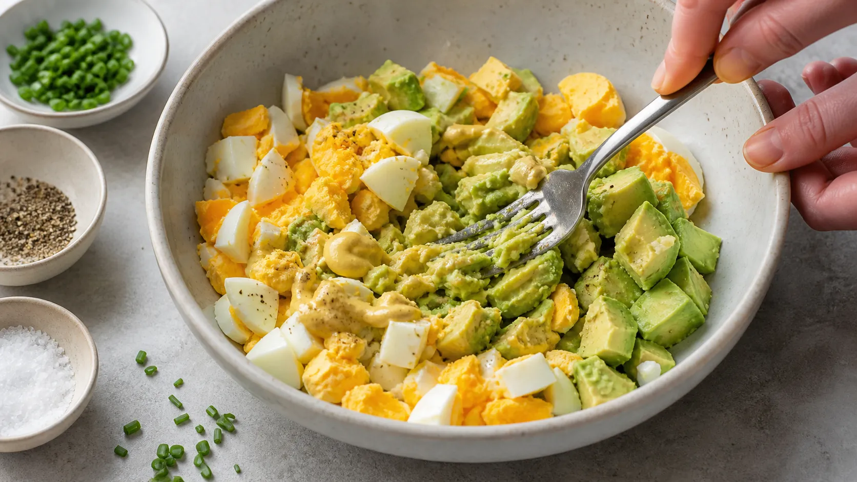 Preparation step for Keto Egg Avocado Salad - Quick 3-Minute Breakfast: Peel the hard-boiled eggs and chop them into rough pieces.