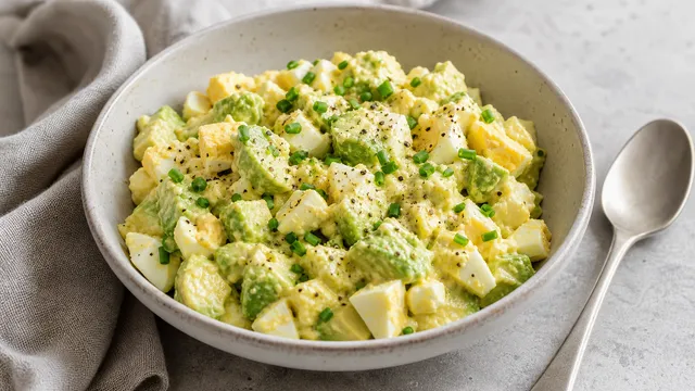 Keto egg avocado salad in a bowl with chives and mustard