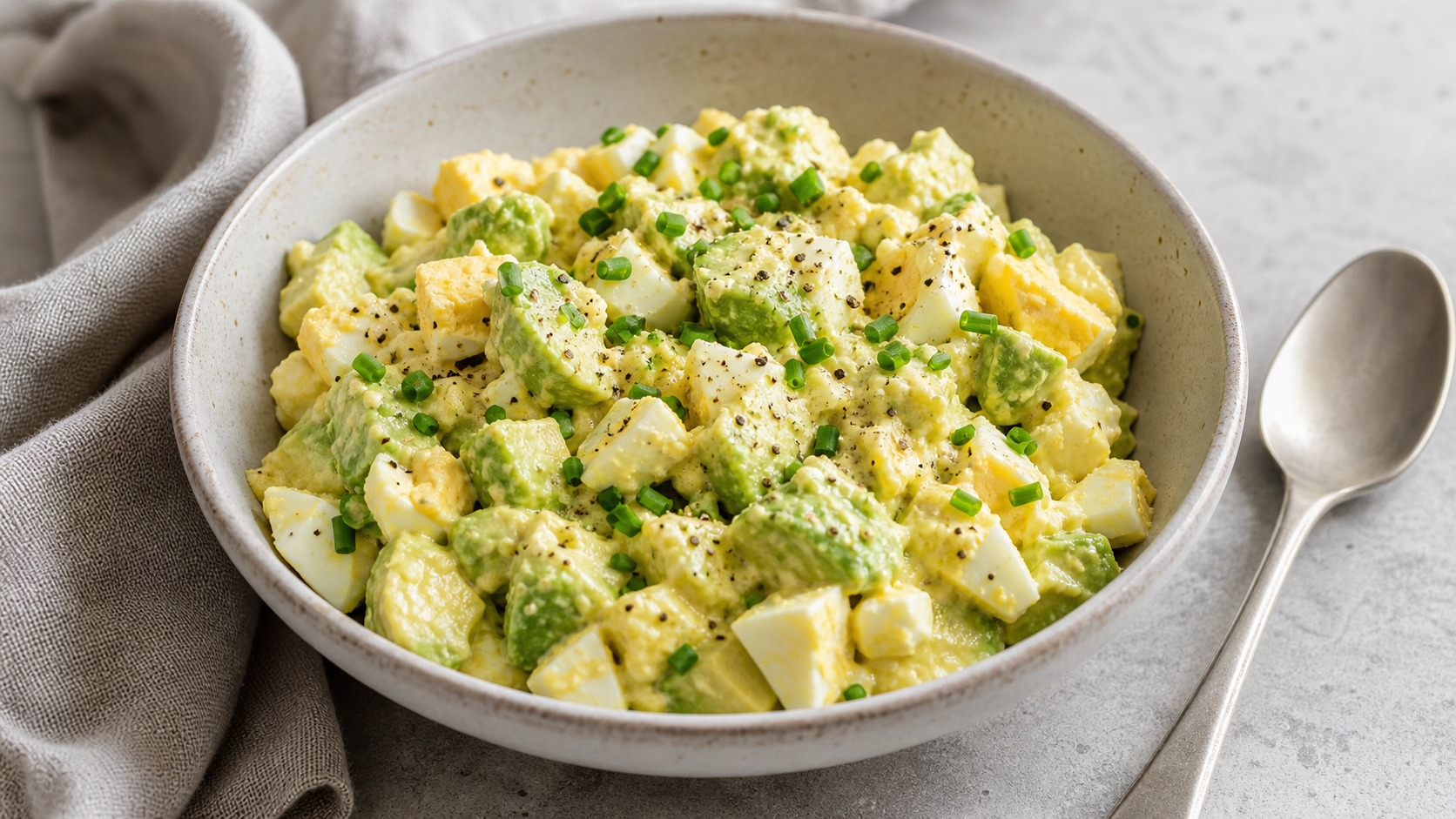Keto egg avocado salad in a bowl with chives and mustard
