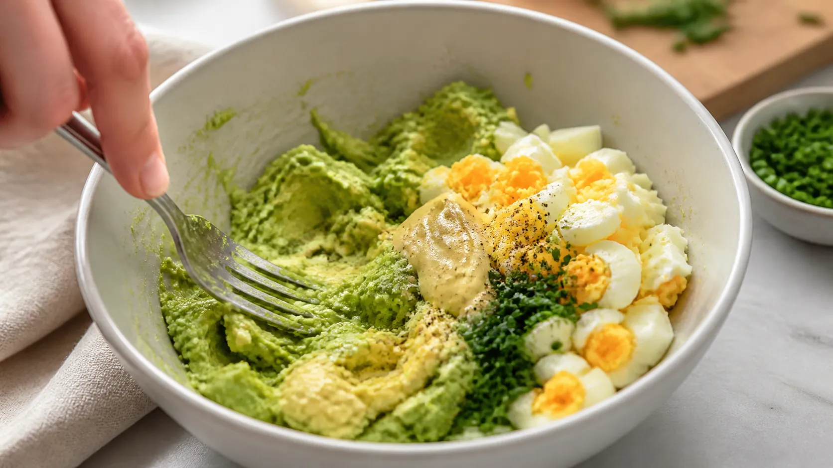Avocado and egg being mashed with a fork