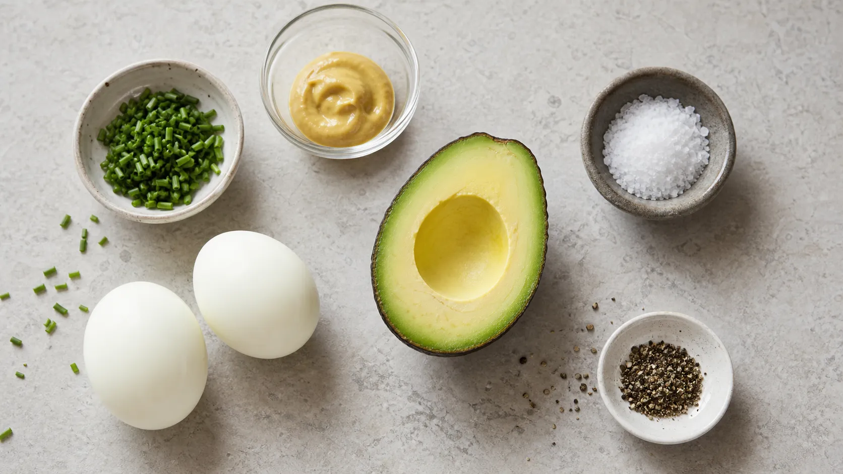 Ingredients for keto egg avocado salad: hard-boiled eggs, avocado, mustard