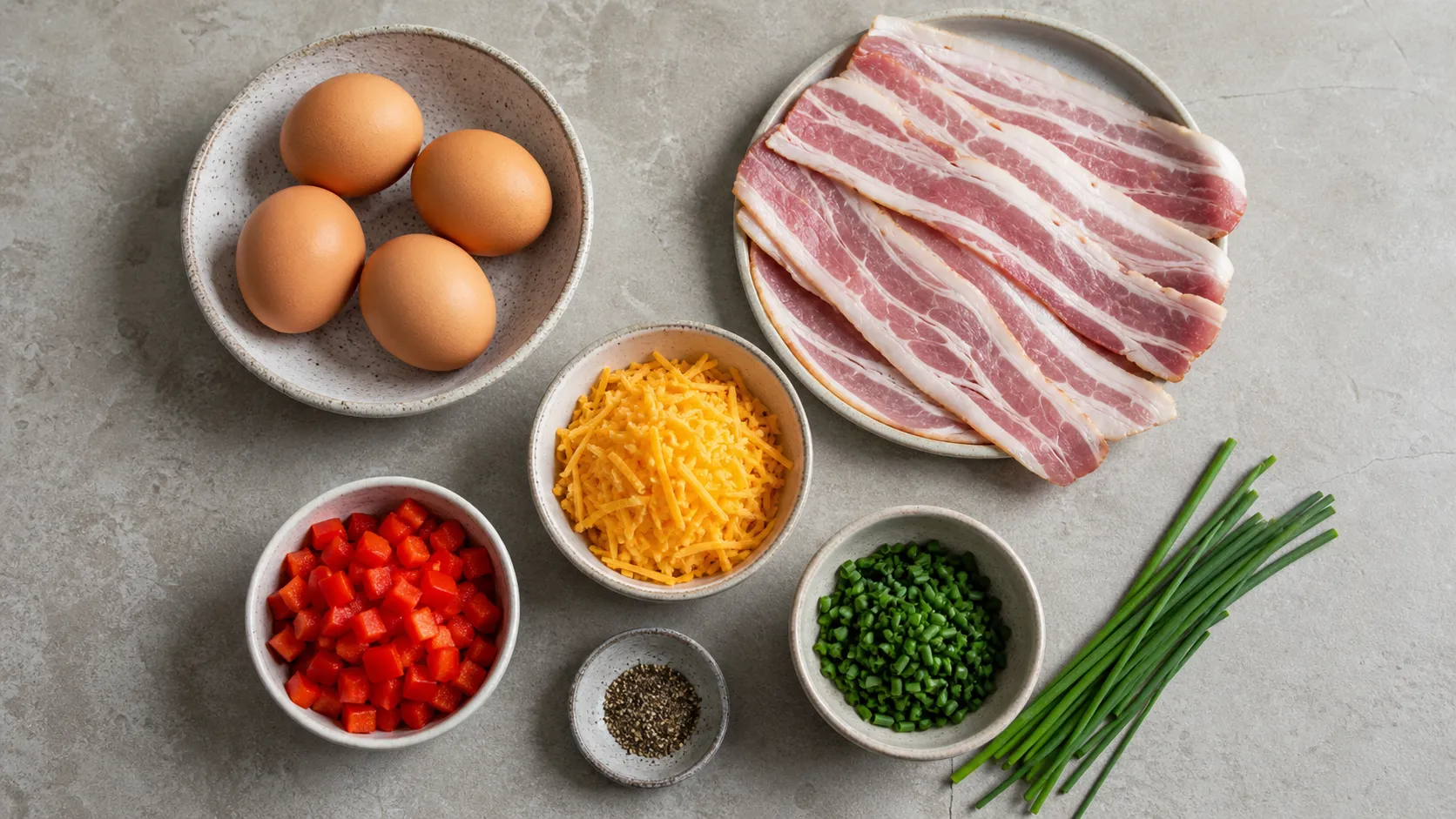 Ingredients for keto egg muffins: eggs, streaky bacon, cheddar, red bell pepper and chives