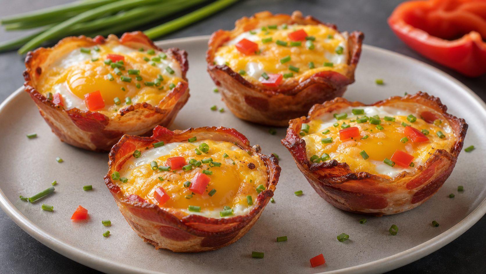 Keto egg muffins with bacon, cheddar, bell pepper and chives on a plate