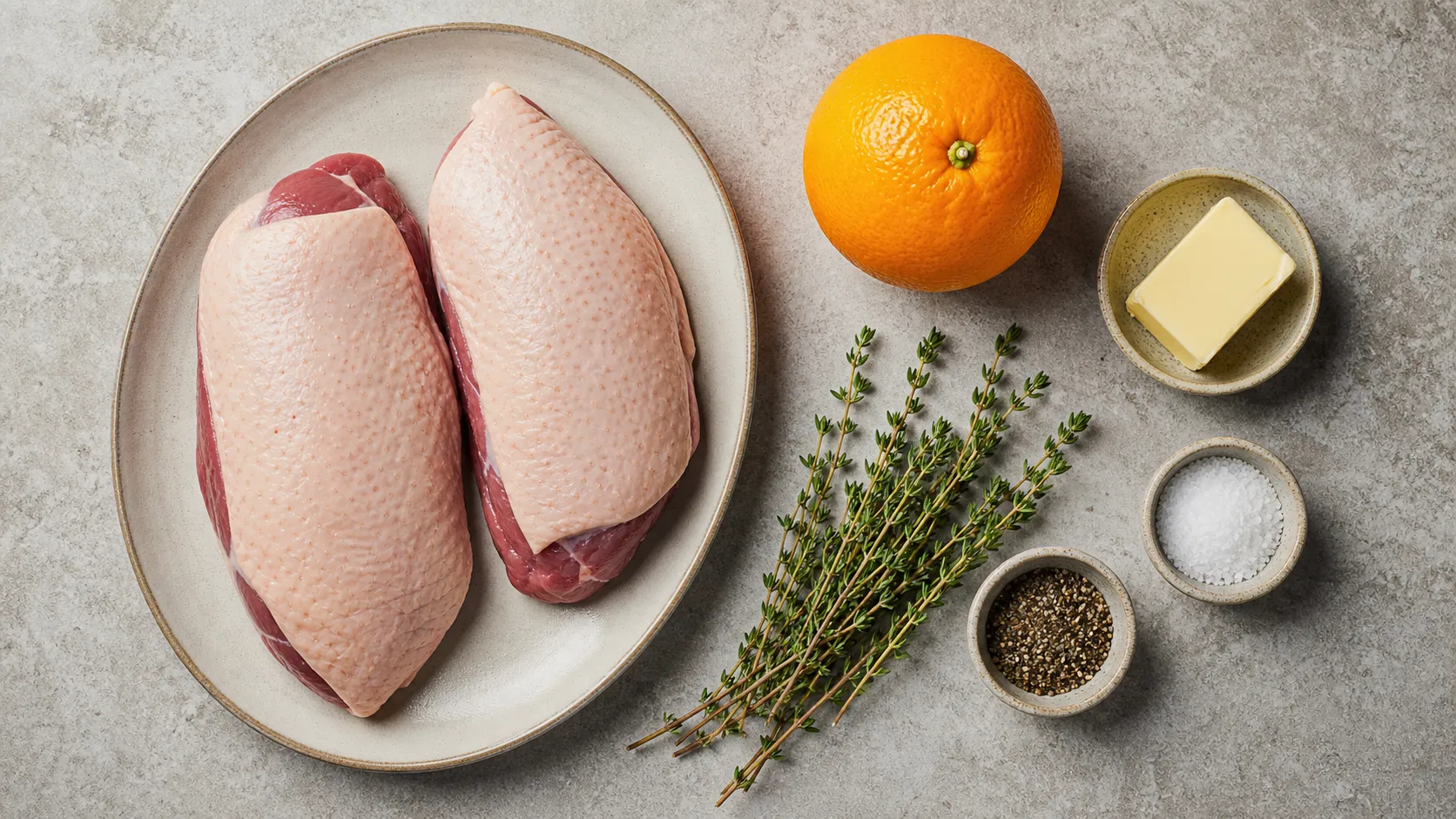 Ingredients for keto duck breast: duck breast, organic orange, thyme, butter, salt, and pepper
