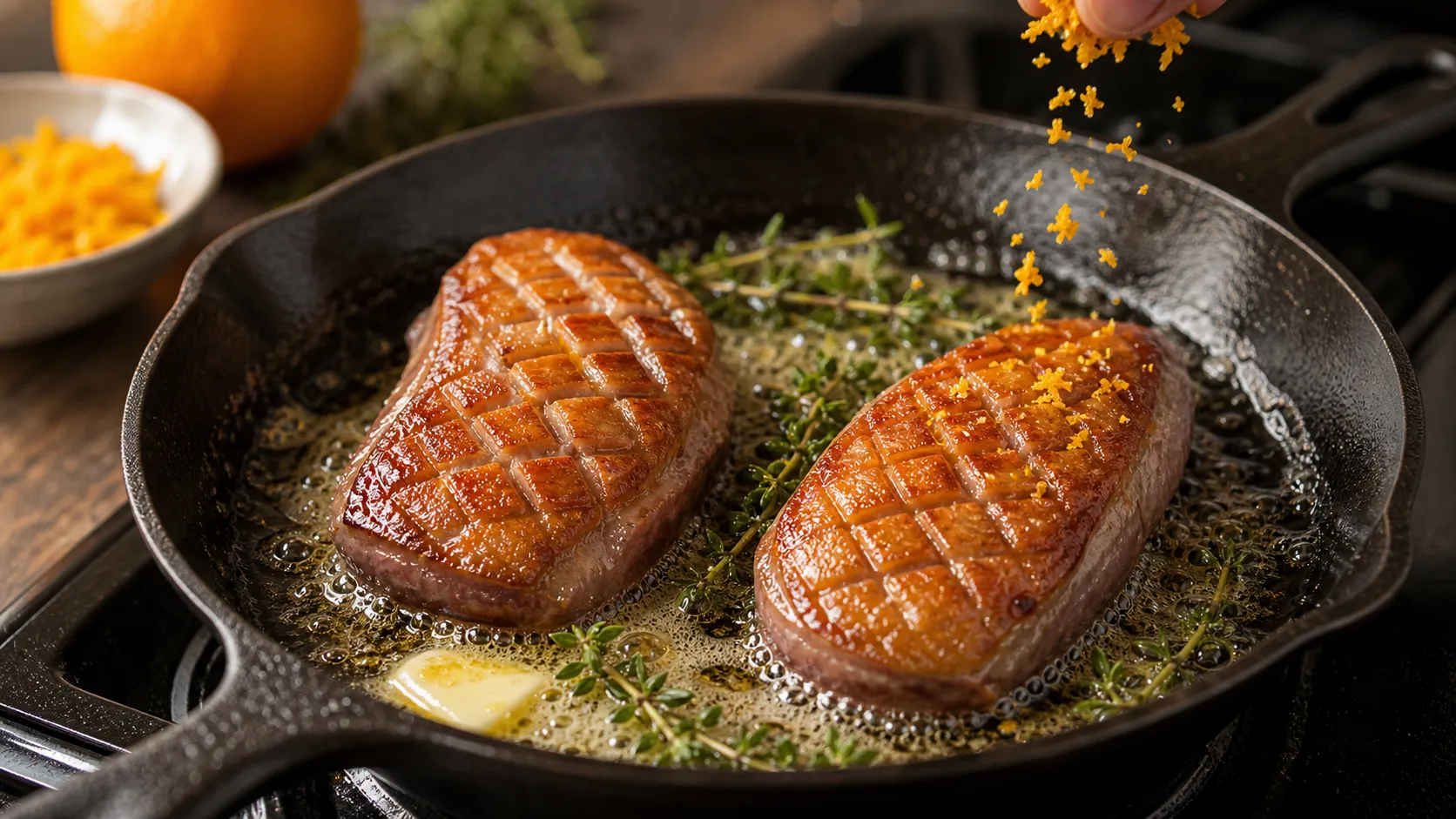 Duck breast searing skin-side down in the pan, basted with butter, thyme, and orange zest