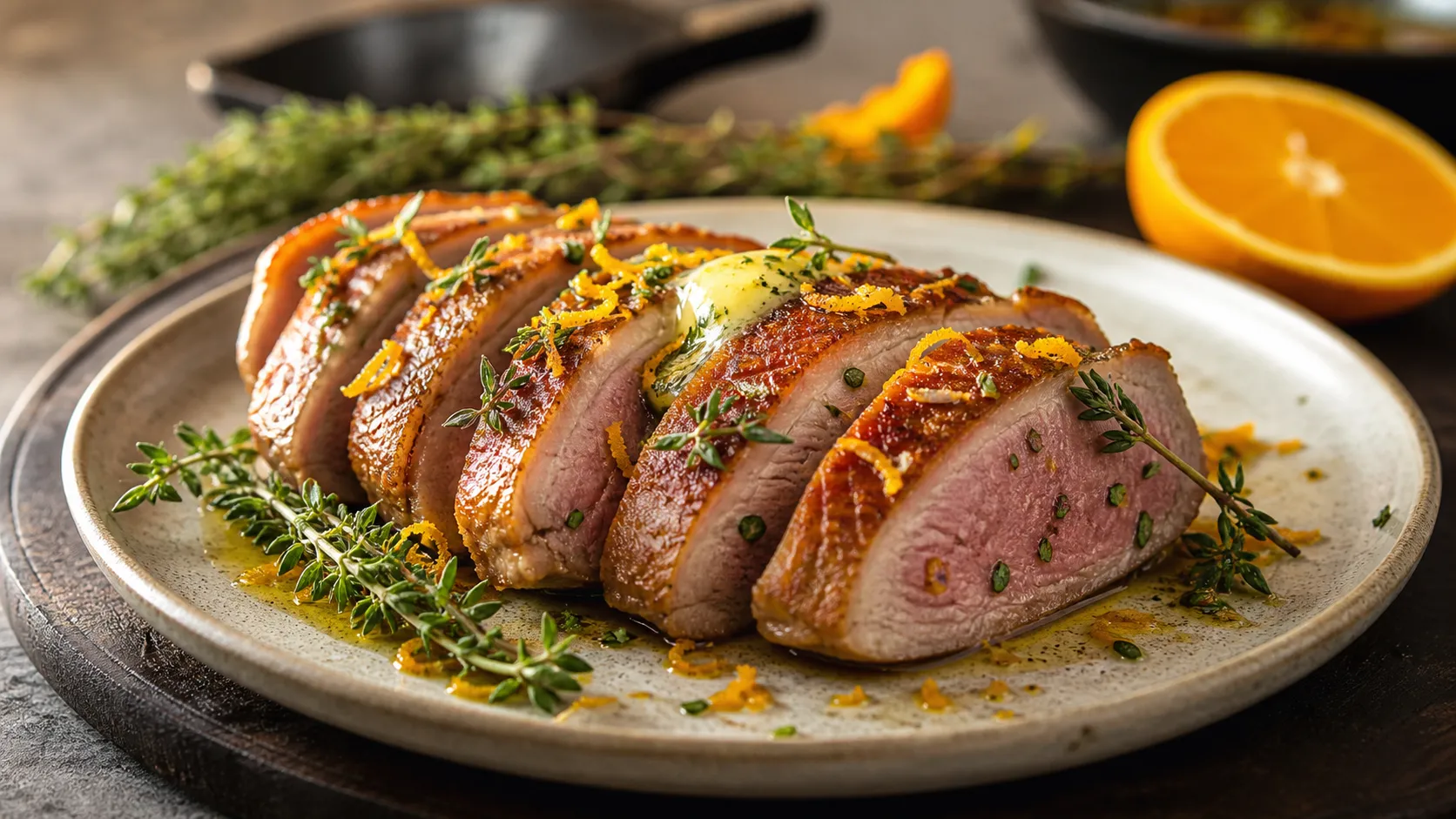 Keto duck breast with crispy skin, orange zest, and thyme plated appetizingly