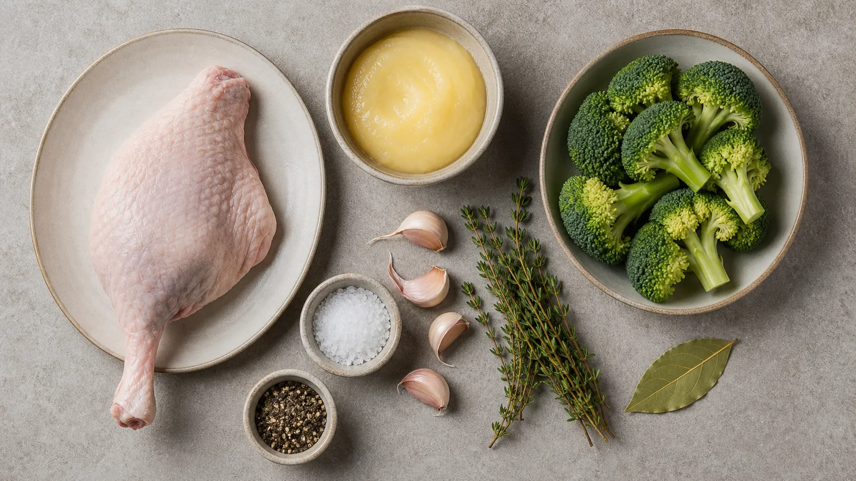 Ingredients for duck leg confit: duck leg, duck fat, broccoli, garlic, thyme, bay leaf and salt