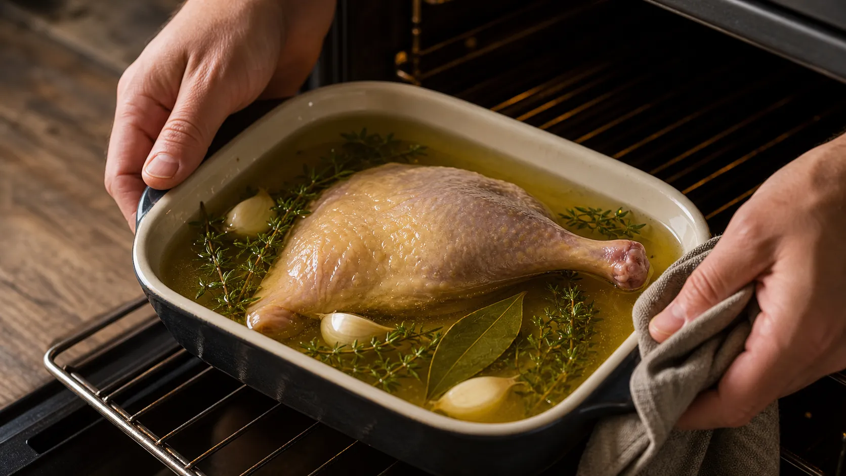 Duck leg resting in melted duck fat with garlic, thyme and bay leaf, ready to be confit