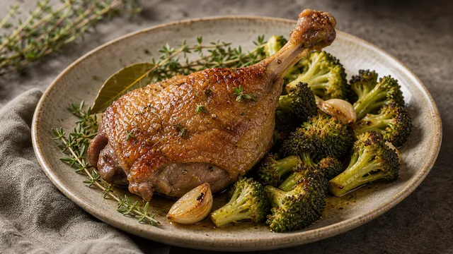Keto duck leg confit with crispy skin and pan-seared broccoli on a plate