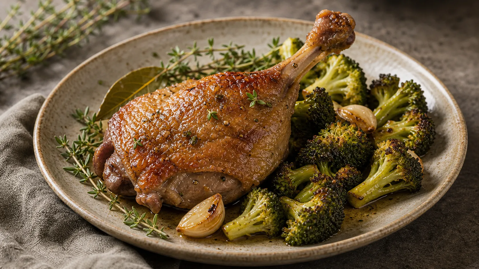 Keto duck leg confit with crispy skin and pan-seared broccoli on a plate