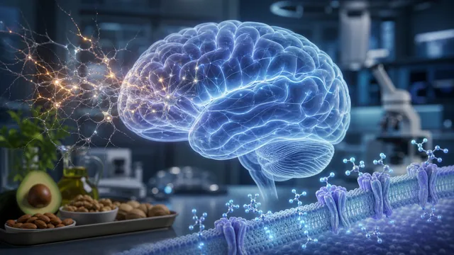 Brain scan visualization with molecular diagram and ketone molecule overlay in a medical research setting