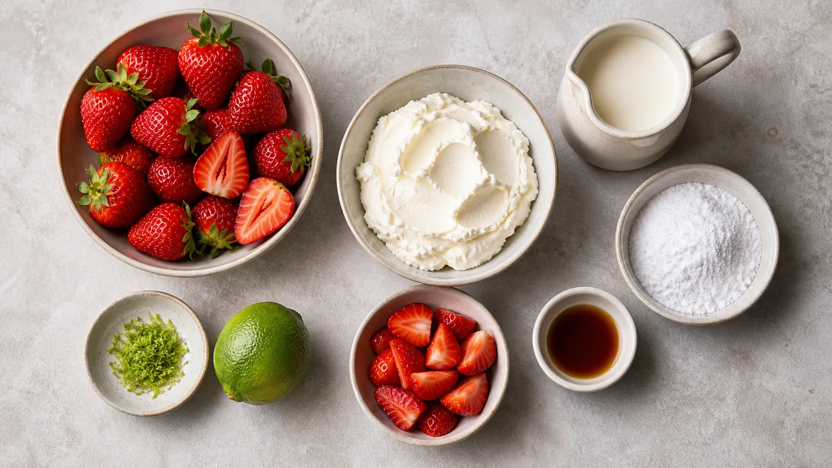 Ingredients for Keto Strawberry Mascarpone Cream: 10-Minute Low-Carb Coffee Dessert: 100 g mascarpone (room temperature), 50 ml heavy whipping cream (cold), 80 g fresh strawberries (hulled, cut into pieces), 15 g erythritol (powdered or fine), 5 ml vanilla extract, 1 tsp freshly grated lime zest (optional)