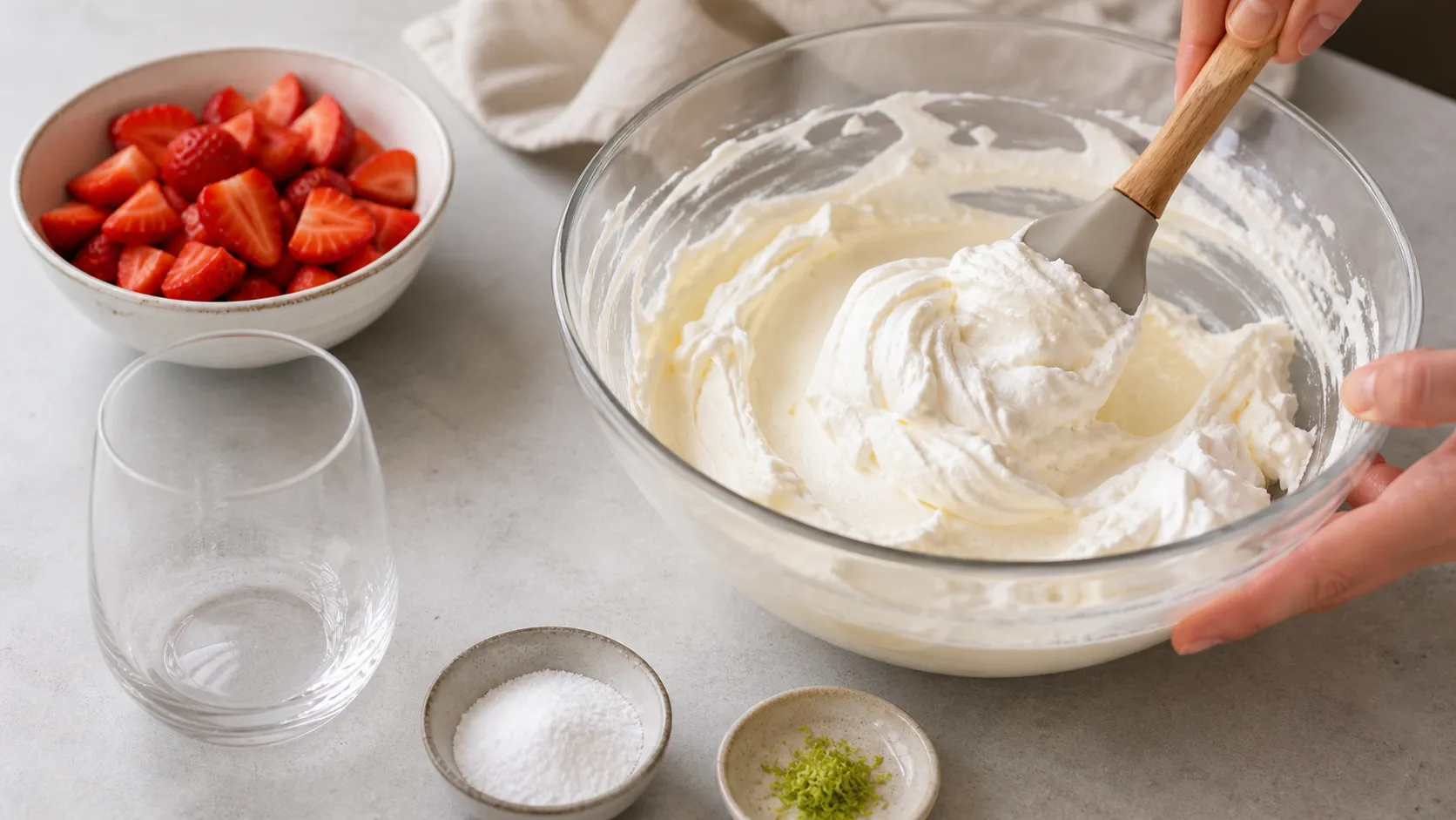 Preparation step for Keto Strawberry Mascarpone Cream: 10-Minute Low-Carb Coffee Dessert: In a separate bowl, stir the mascarpone (100 g) with erythritol (15 g) and vanilla extract (1 tsp) until smooth and free of lumps.