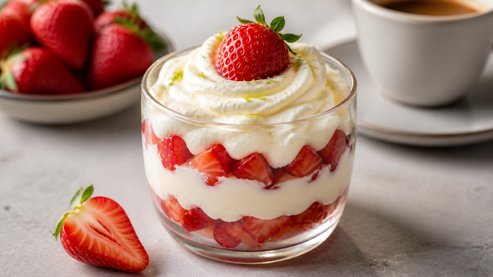 Keto strawberry mascarpone cream in a glass with fresh strawberries and mint, next to a cup of coffee
