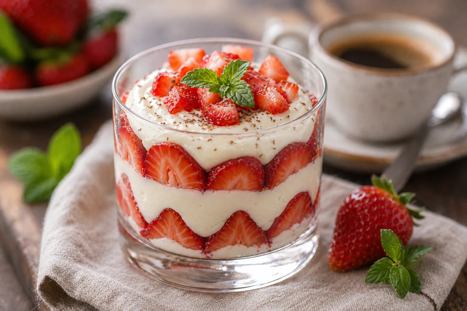 Keto strawberry mascarpone cream in a glass with fresh strawberries and mint, next to a cup of coffee