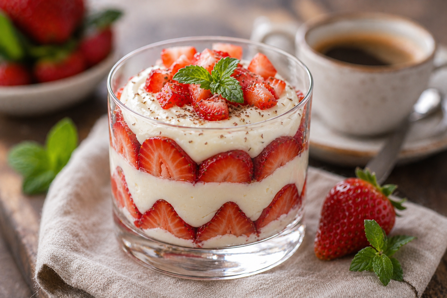 Keto strawberry mascarpone cream in a glass with fresh strawberries and mint, next to a cup of coffee