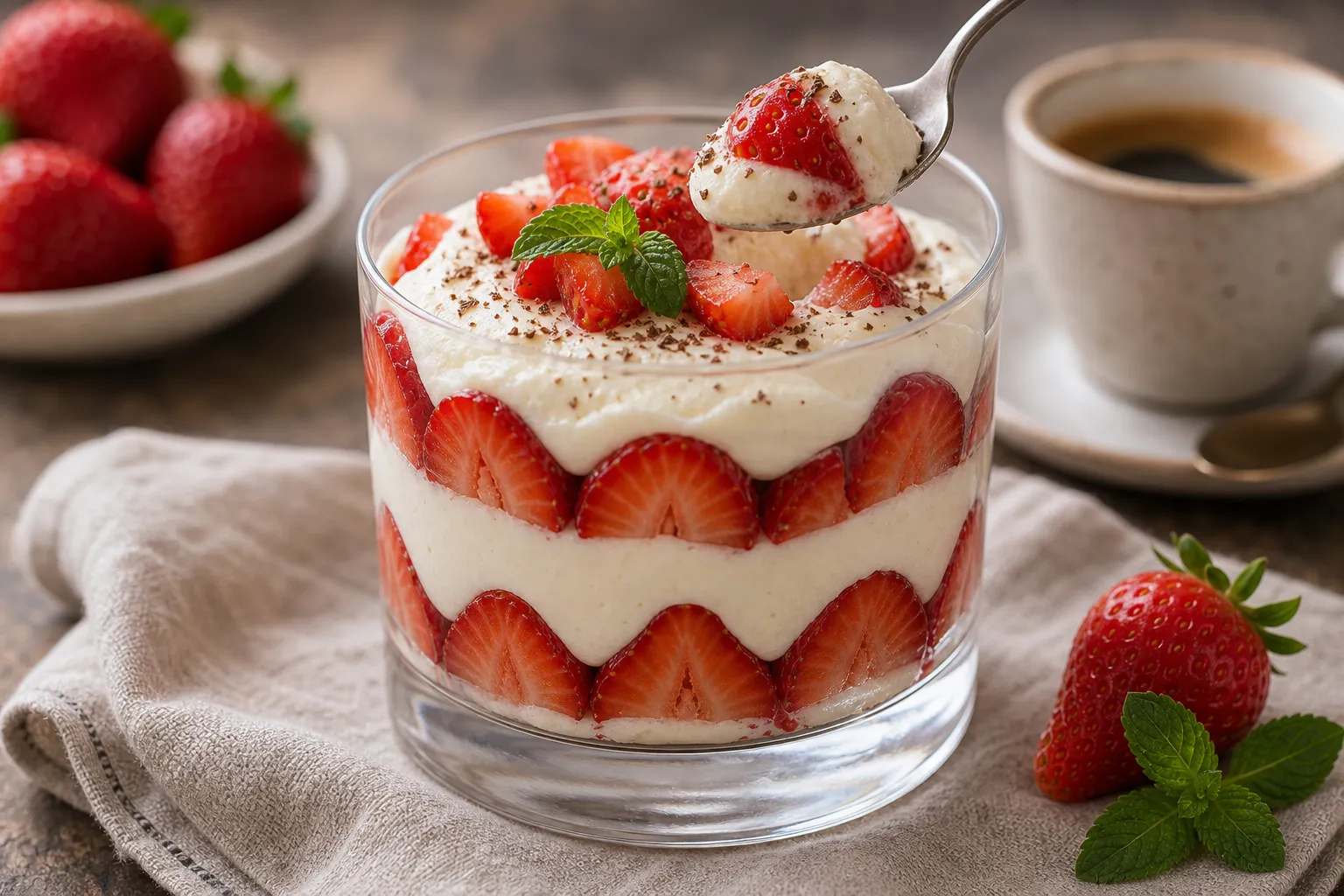 Finished keto strawberry mascarpone cream in a glass, layered with strawberries