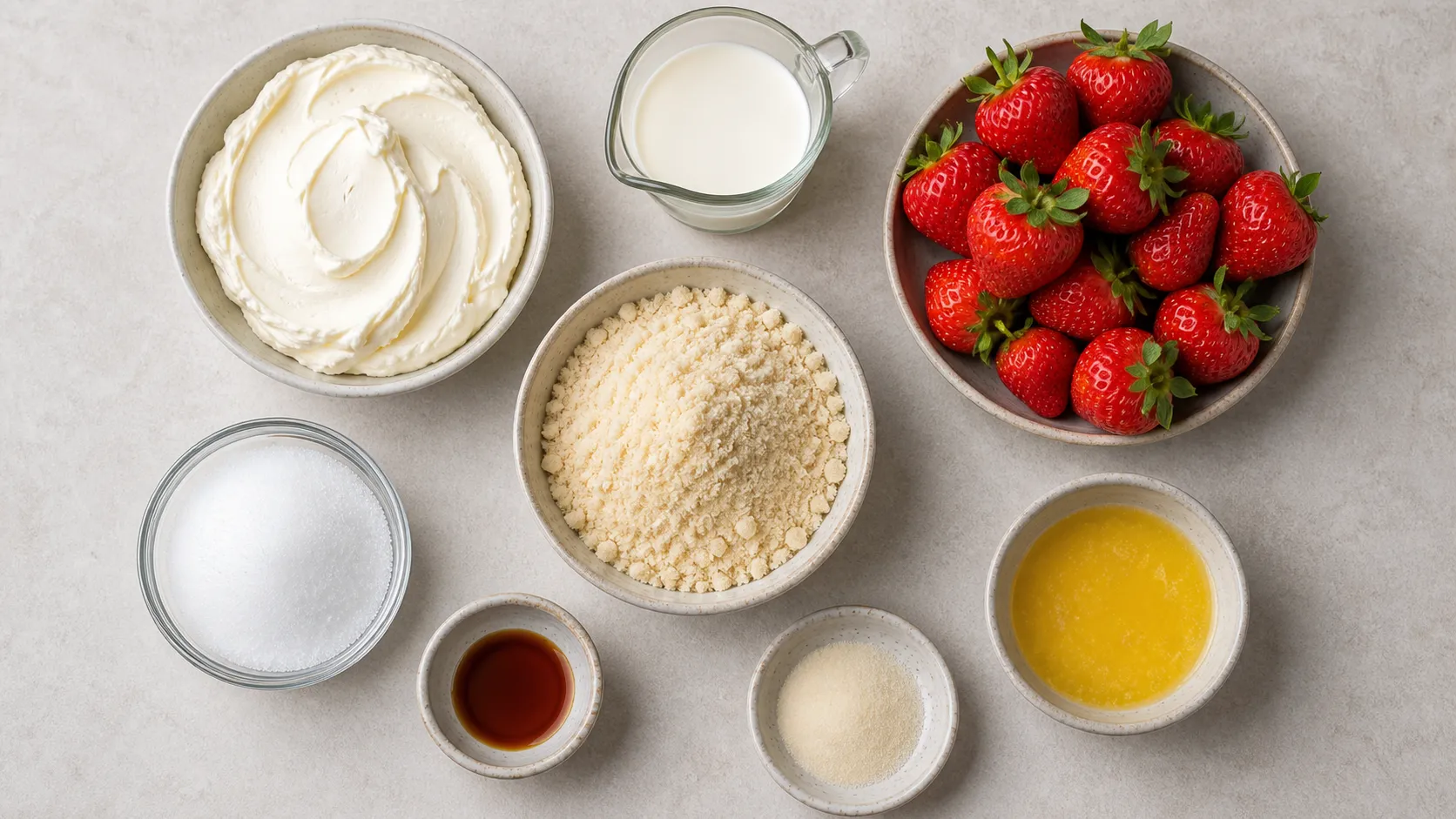 Ingredients for keto strawberry mascarpone cake: mascarpone, cream, strawberries, almond flour