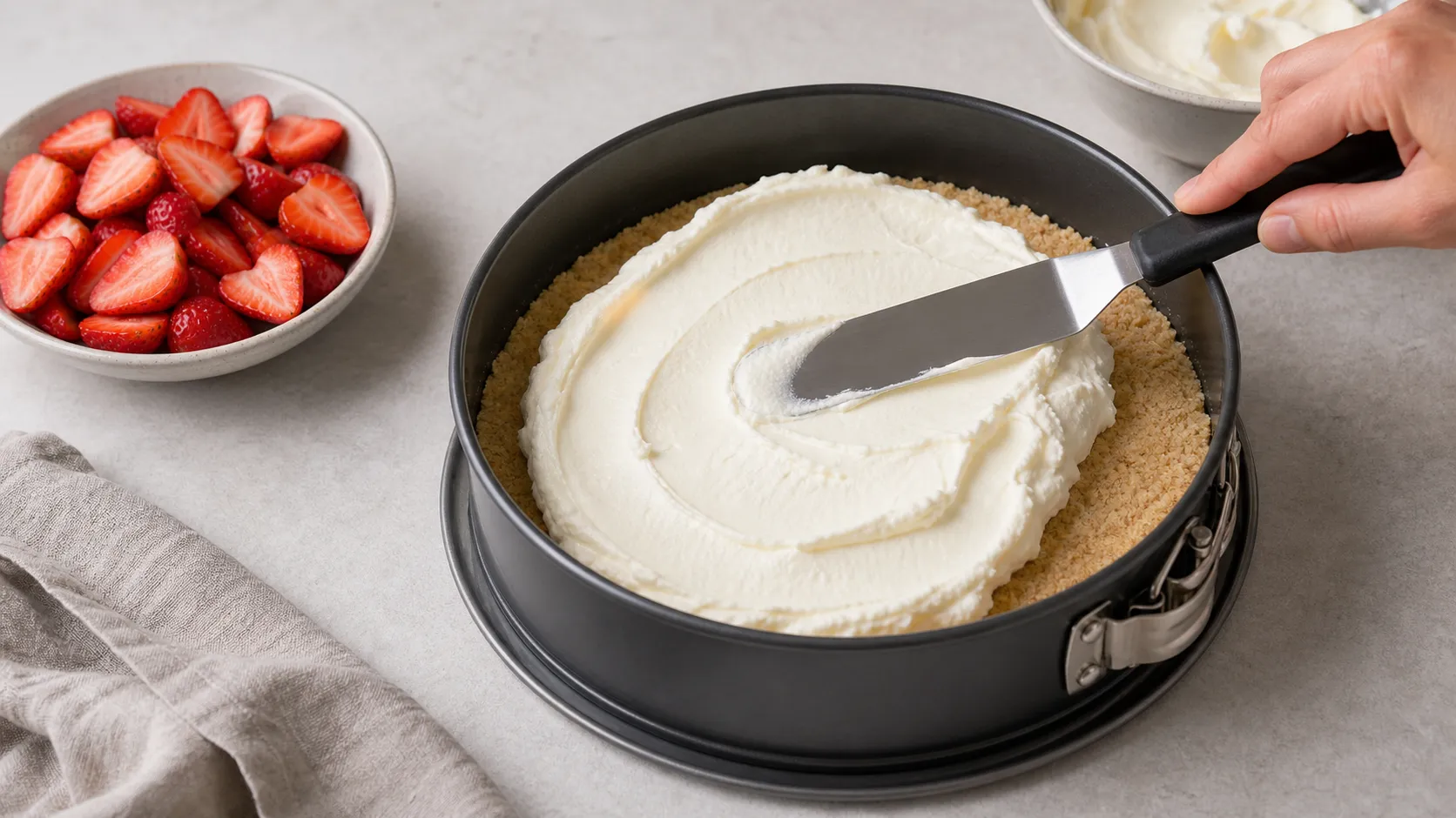 Mascarpone cream is spread onto the prepared almond flour crust