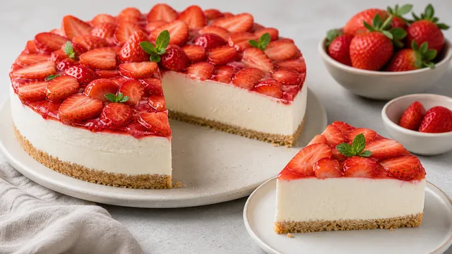 Keto strawberry mascarpone cake without baking with fresh strawberries on a creamy layer