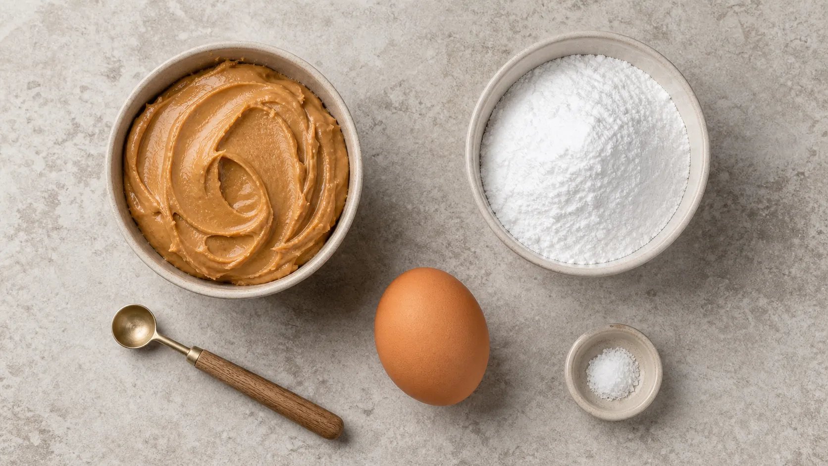 Ingredients for keto peanut butter cookies with peanut butter, erythritol, egg and salt