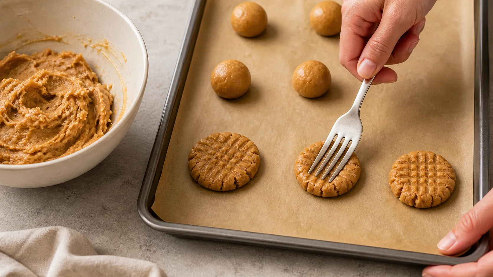 Peanut butter cookie dough being pressed with a fork into a crosshatch pattern