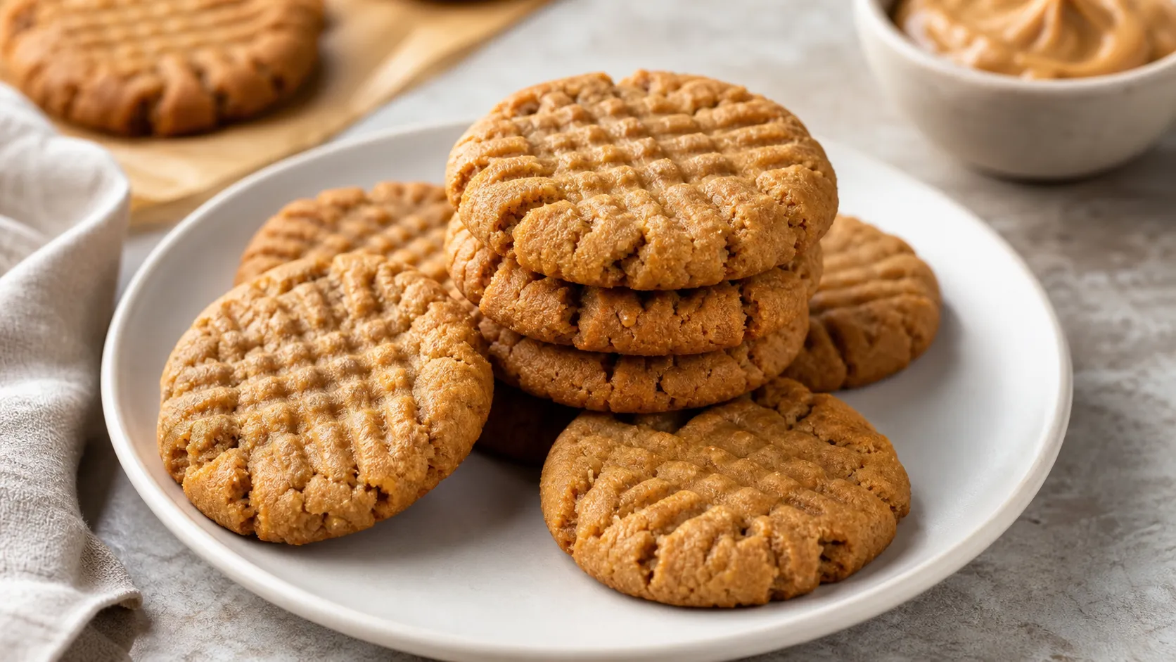Keto peanut butter cookies with fork pattern on a plate