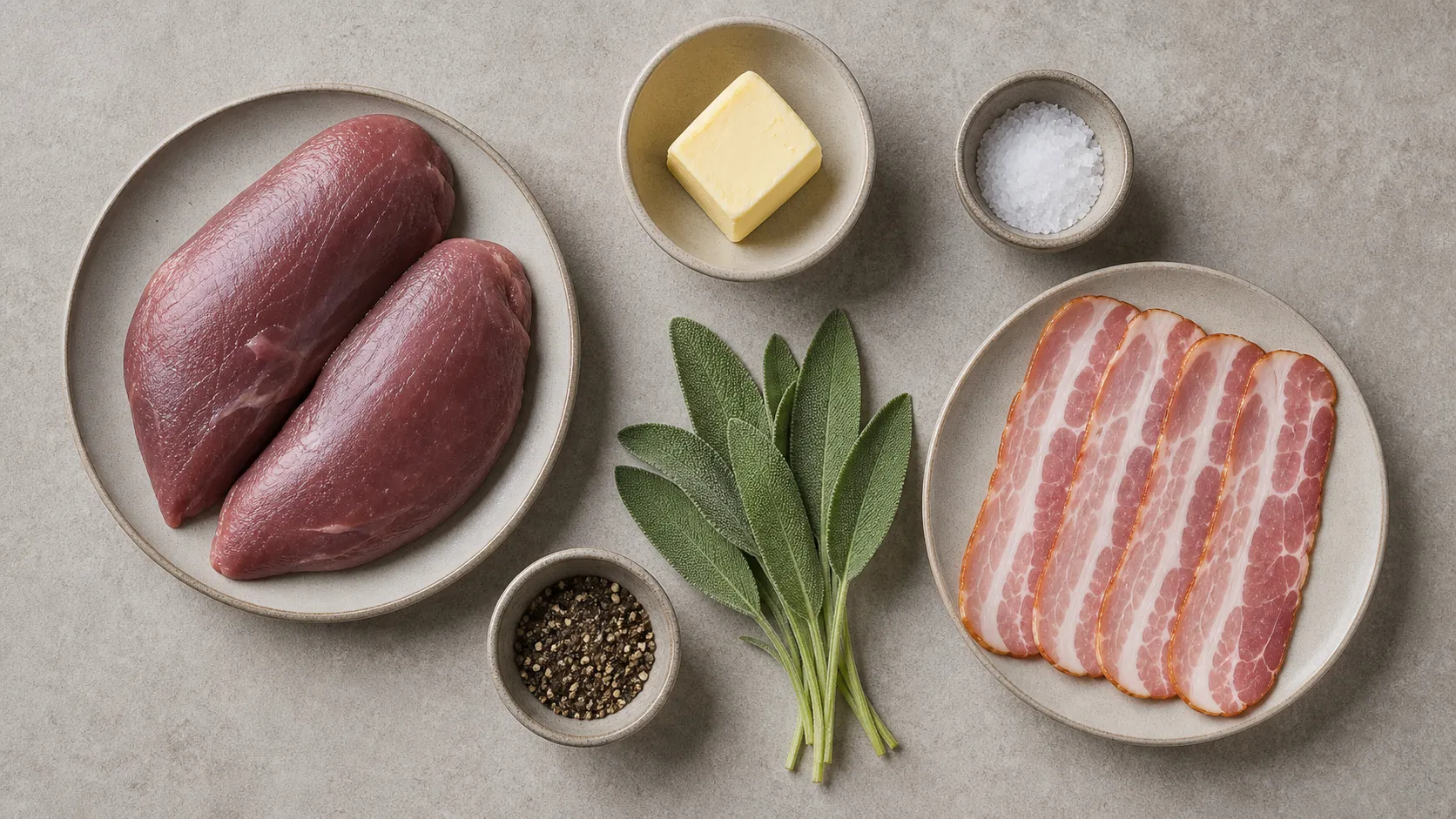 Ingredients for keto pheasant breast: pheasant breast, bacon slices, sage, butter, salt and pepper