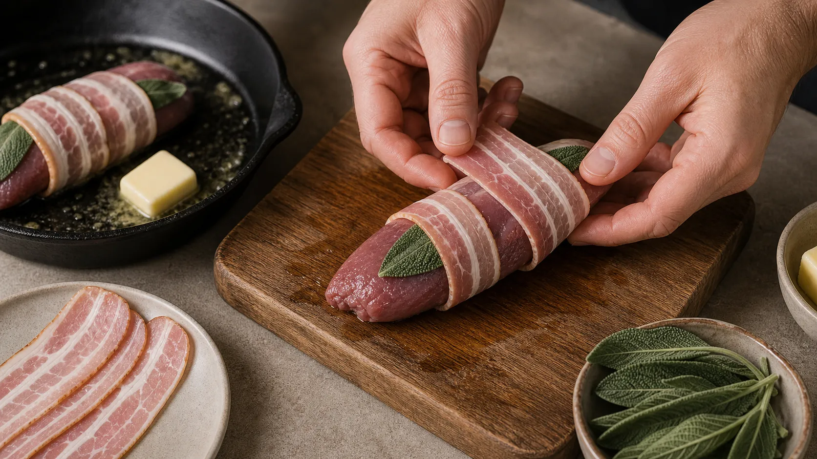 Pheasant breast topped with sage and wrapped tightly in thin bacon slices
