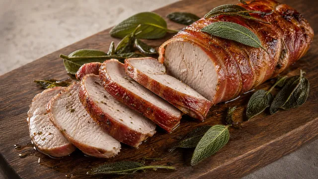 Keto pheasant breast in a crispy bacon wrap with sage, sliced and plated