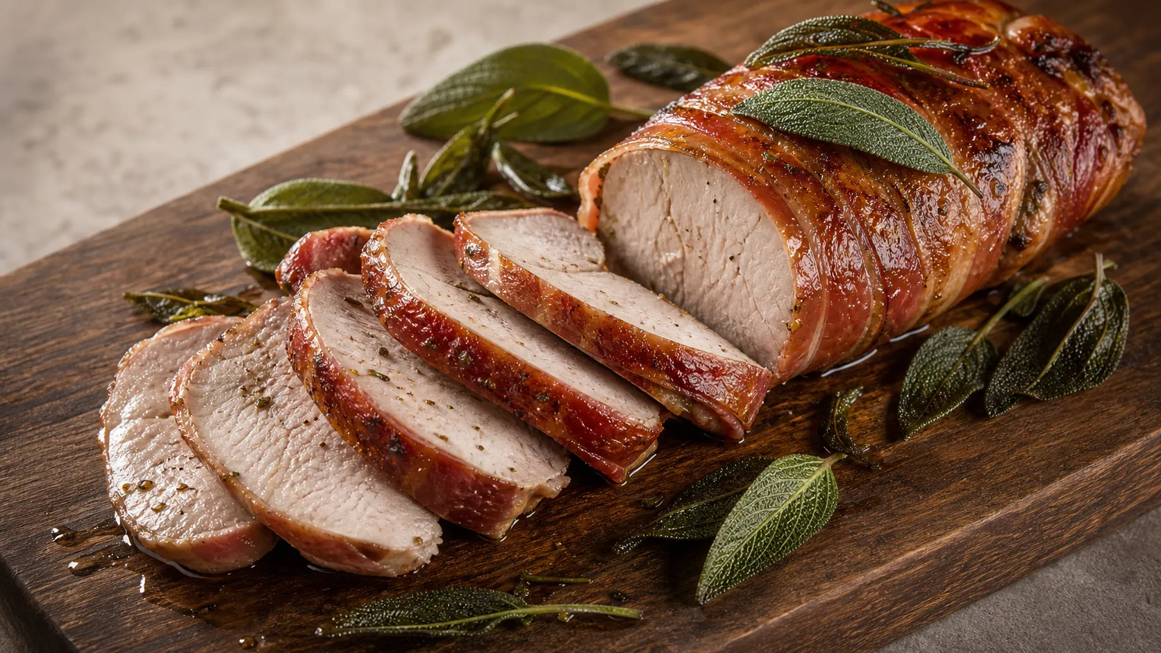 Keto pheasant breast in a crispy bacon wrap with sage, sliced and plated