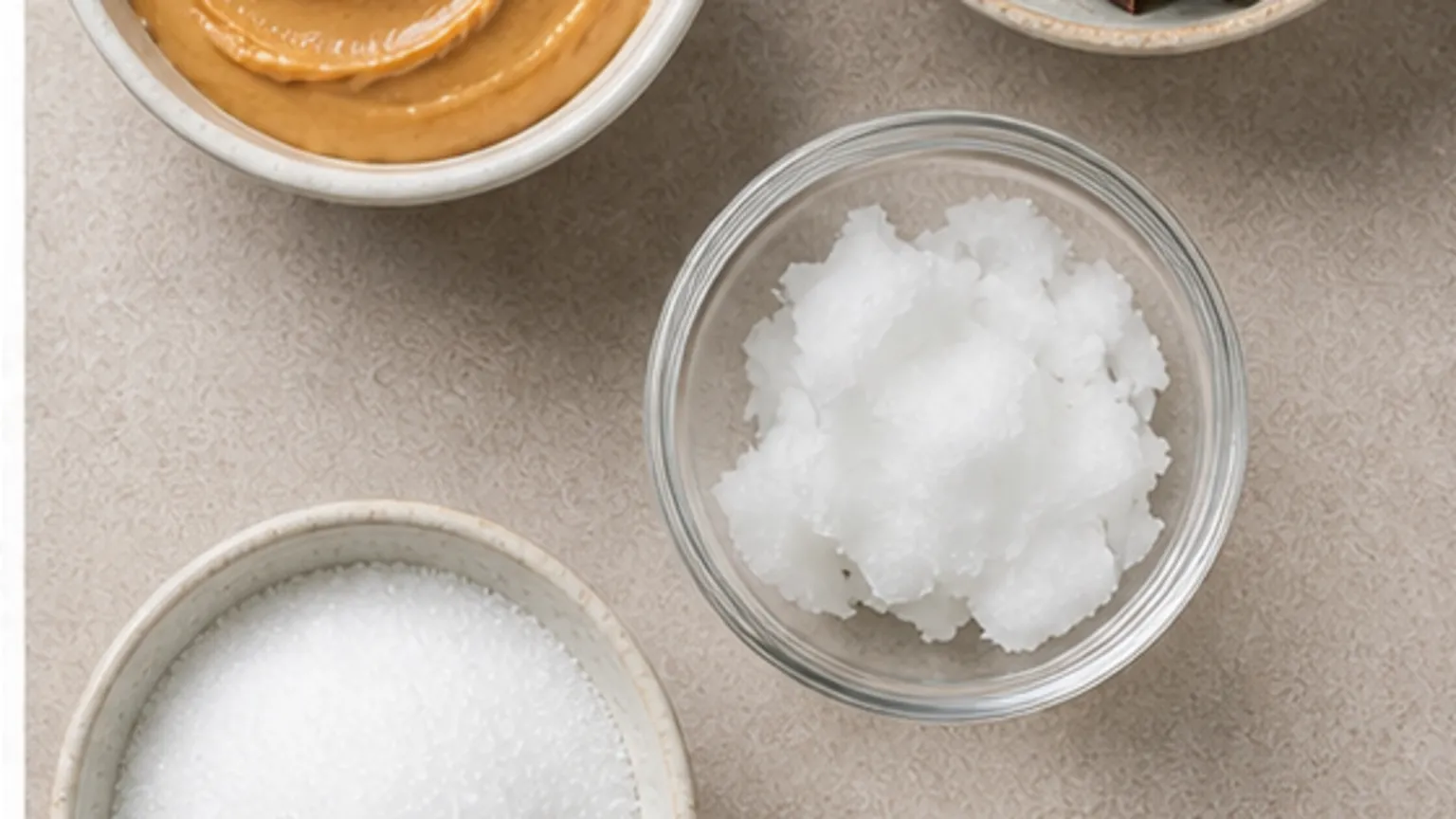 Ingredients for keto fat bombs with peanut butter and chocolate - 12 to keep in store: natural peanut butter, coconut oil, almond flour, erythritol, vanilla extract