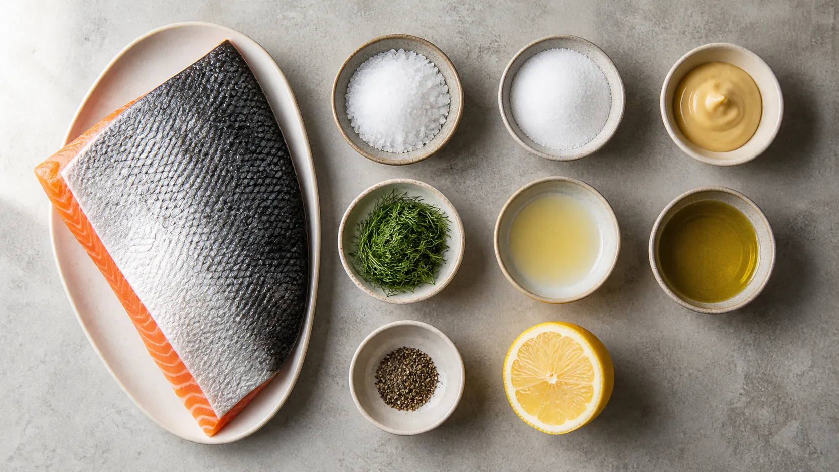 Ingredients for keto planked salmon: a side of salmon with skin, sea salt, erythritol, Dijon mustard, dill, lemon and olive oil