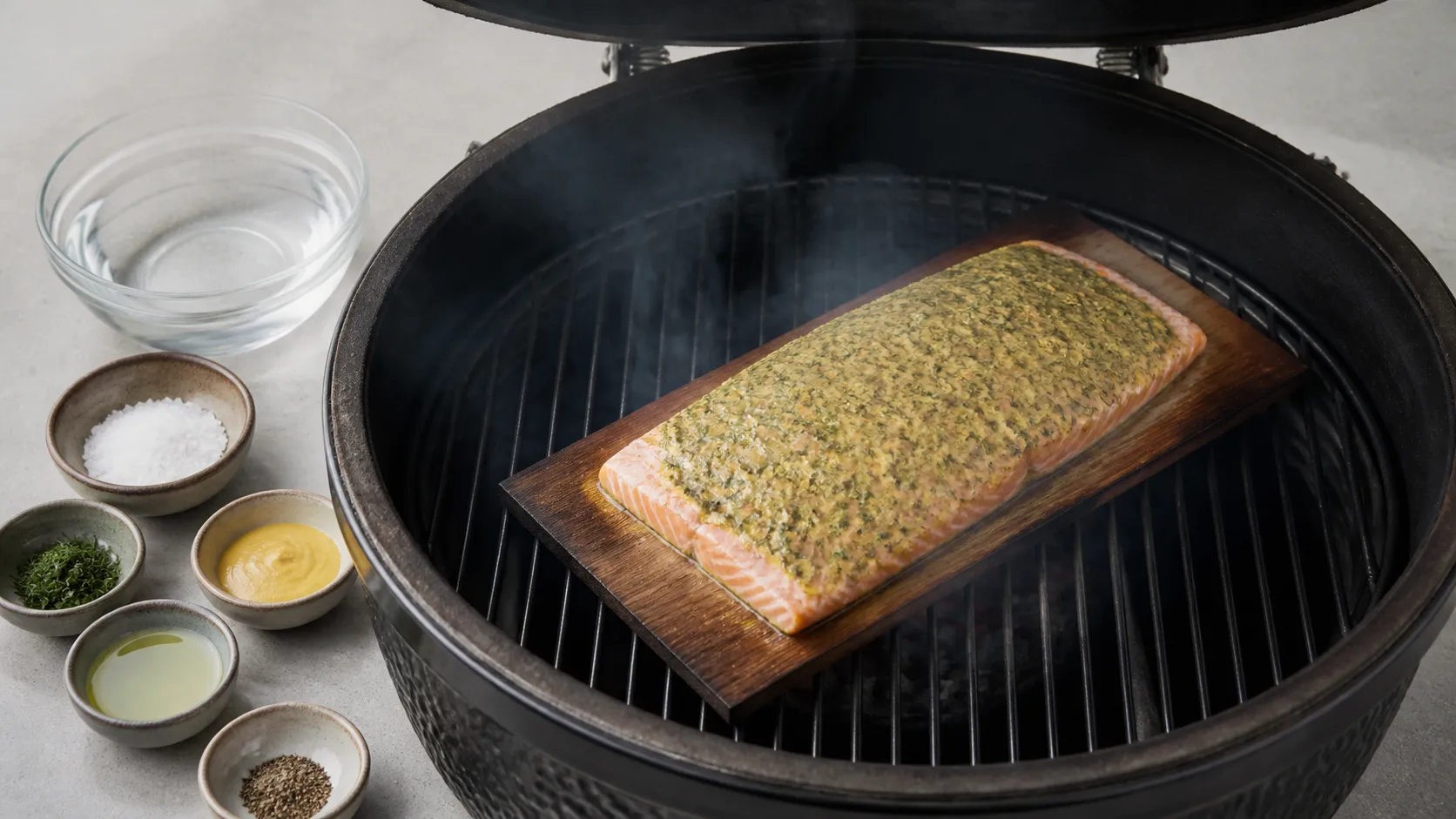 A soaked wooden plank holding a side of salmon sits in the indirect zone of a closed grill