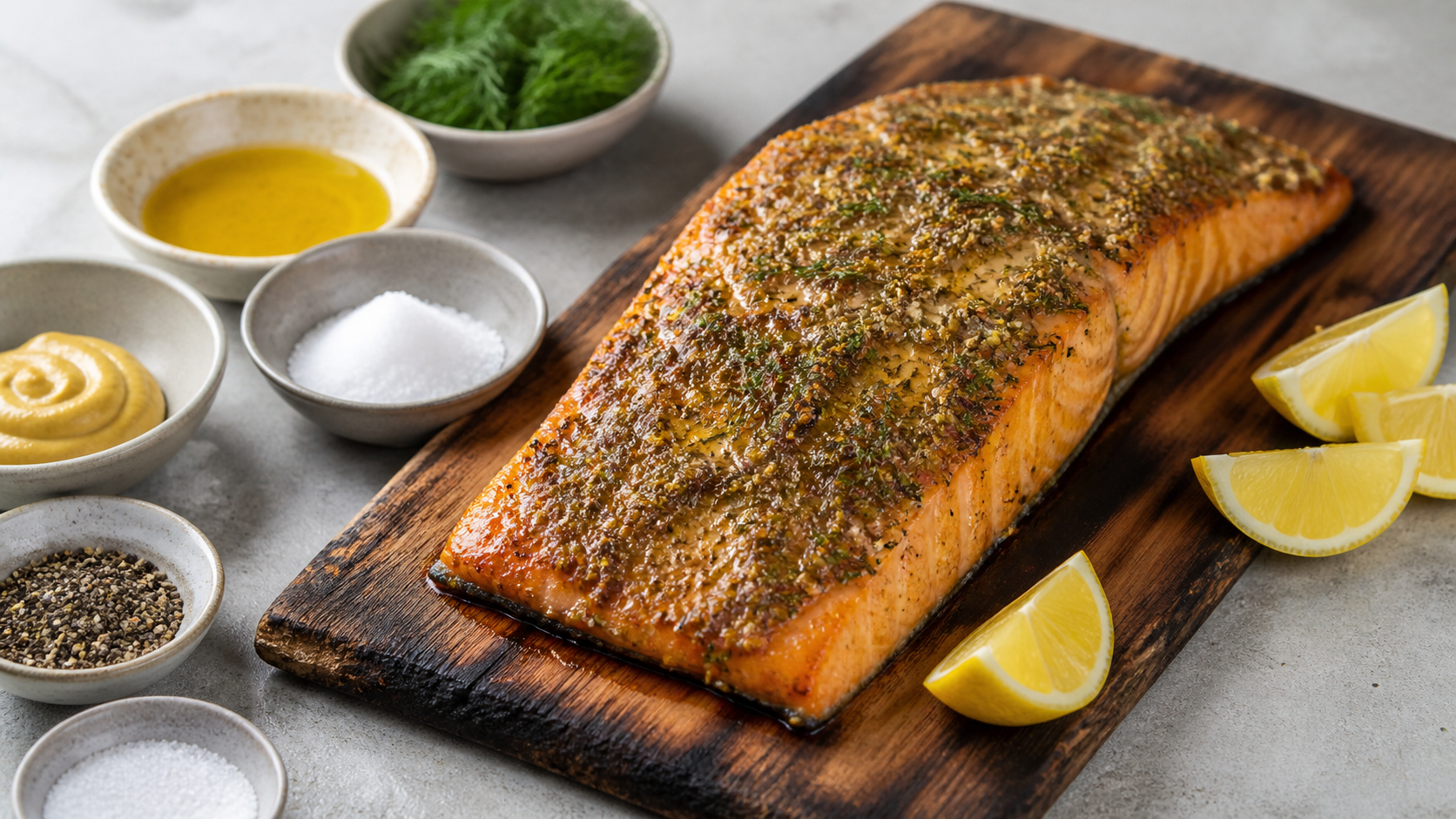 Keto planked salmon on a charred wooden plank with a mustard-dill crust and lemon wedges