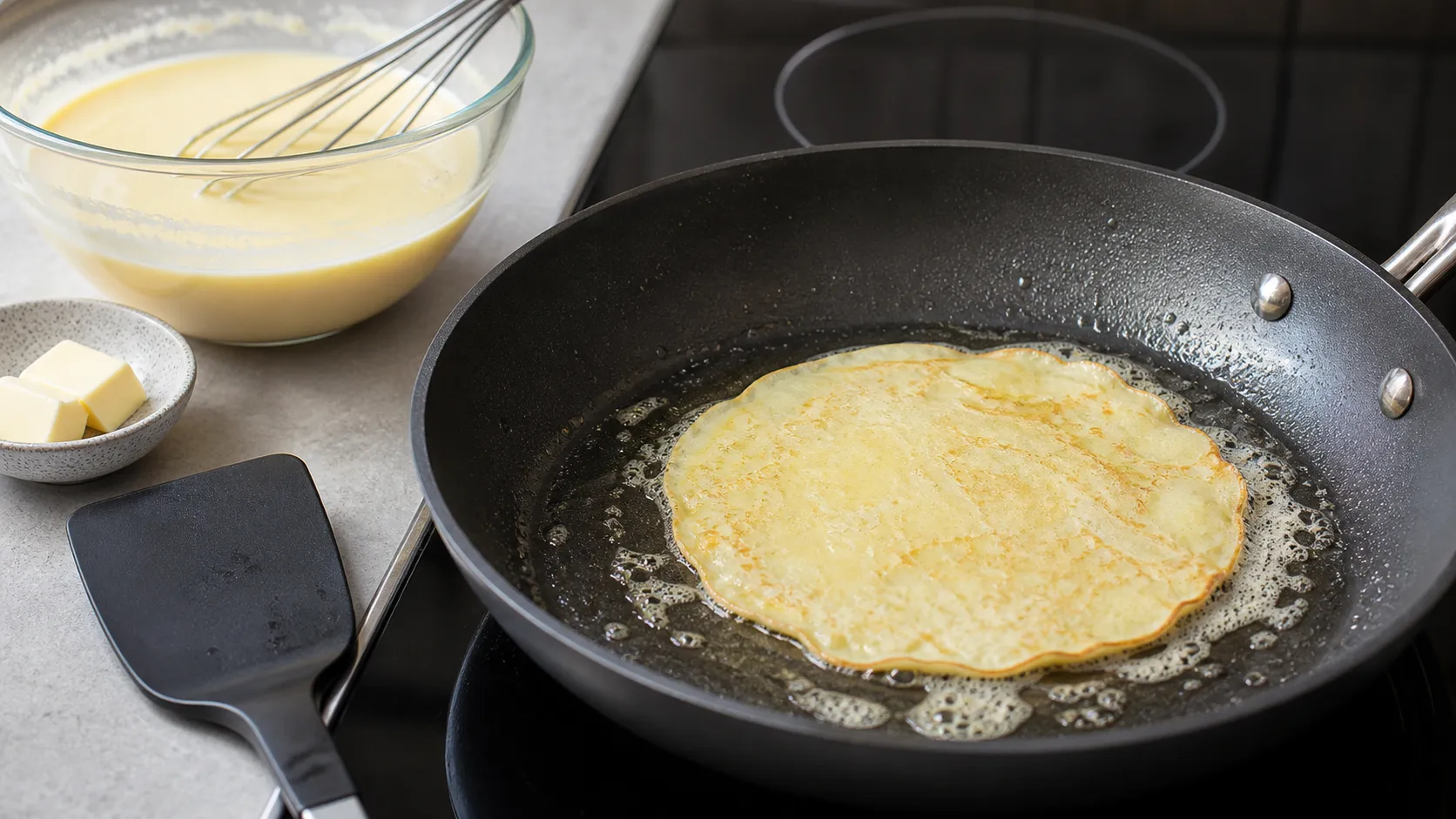 A small cream cheese pancake cooking in butter in a non-stick pan