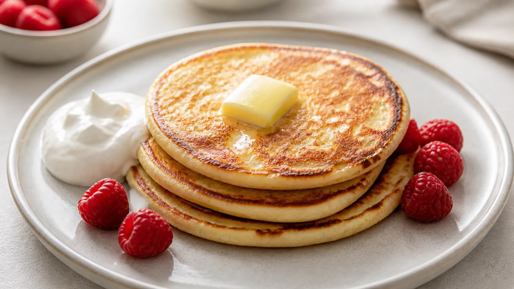 Stack of golden-brown thin pancakes topped with butter and a handful of raspberries