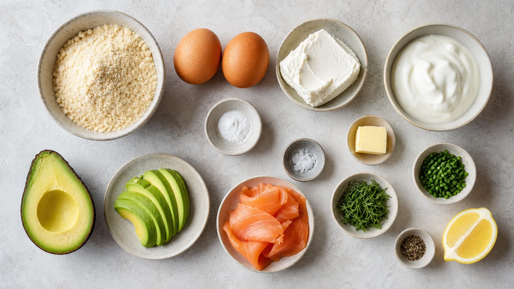 Ingredients for Savory Keto Breakfast Waffles with Avocado and Salmon: 40 g blanched almond flour, 2 eggs, 40 g cream cheese, 1 tsp baking powder, 1 pinch of salt, 5 ml butter or coconut oil for the waffle iron