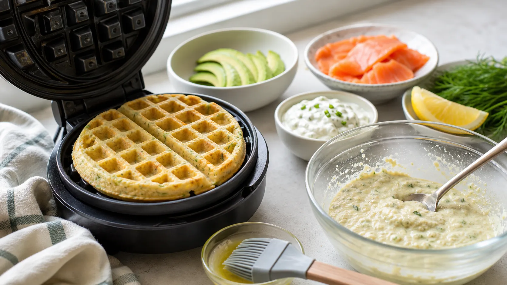 Preparation step for Savory Keto Breakfast Waffles with Avocado and Salmon: Let the batter rest for 5 minutes while the waffle iron heats.