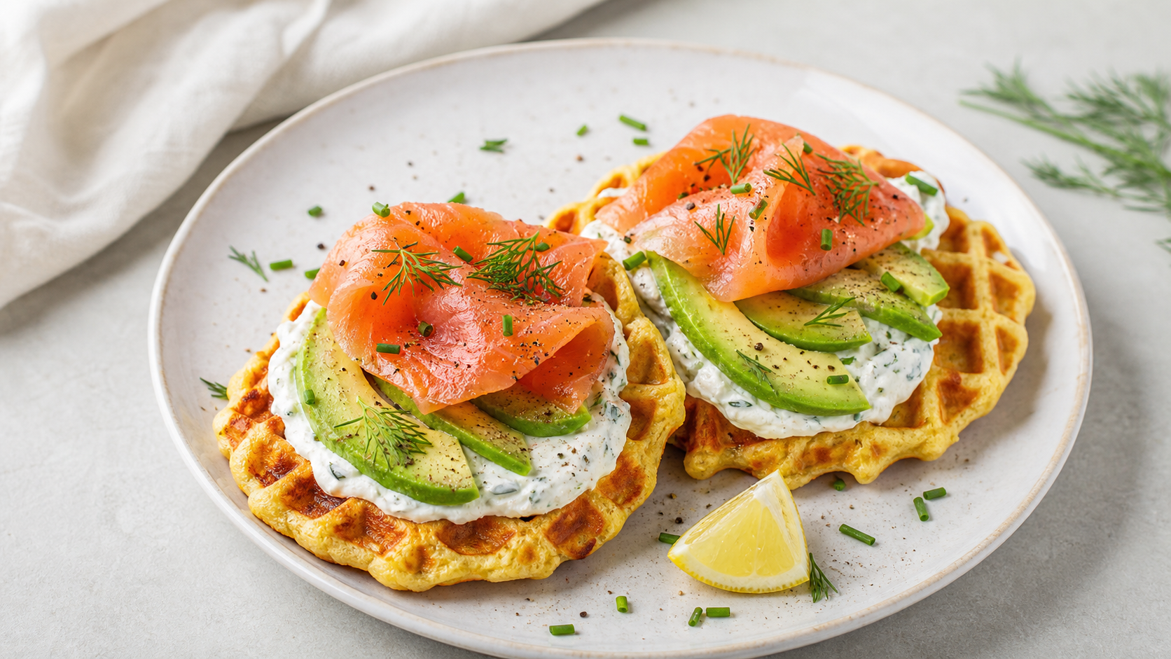 Savory keto breakfast waffles with avocado, smoked salmon, herbed Greek yogurt, and lemon