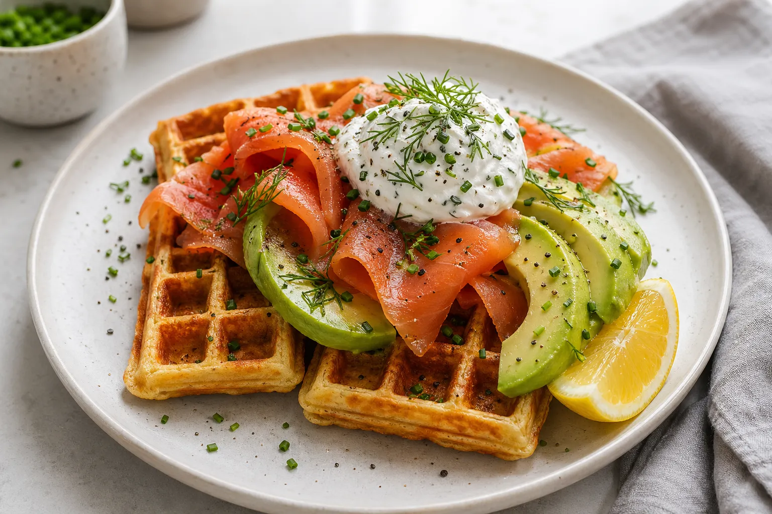 Savory keto breakfast waffles with avocado, smoked salmon, herbed Greek yogurt, and lemon
