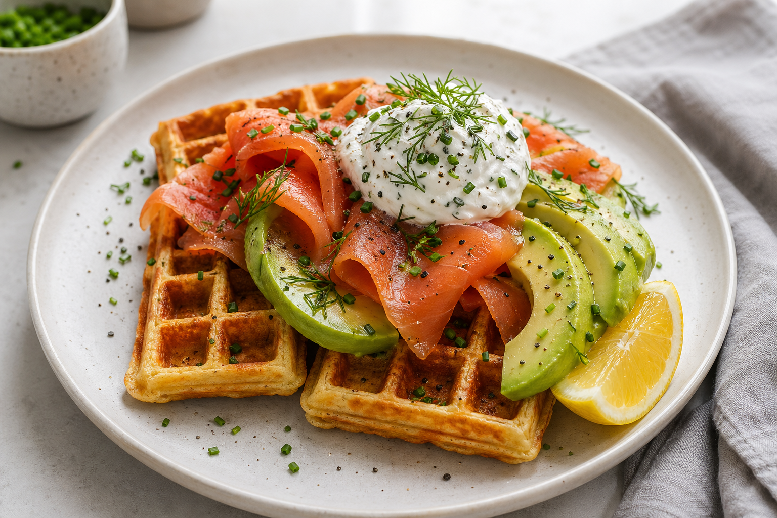 Savory keto breakfast waffles with avocado, smoked salmon, herbed Greek yogurt, and lemon