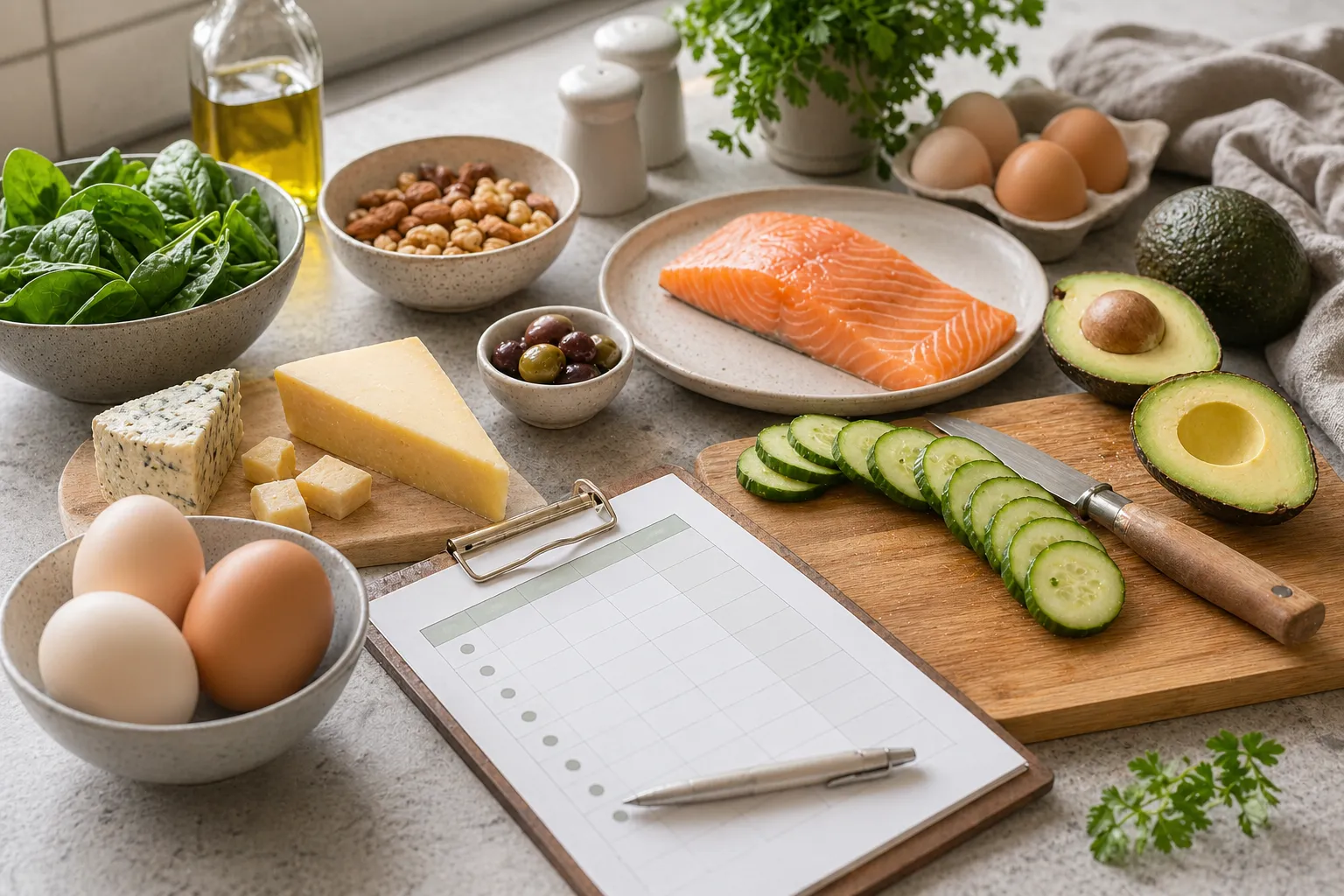 Keto starter foods arranged on a kitchen table with avocado, salmon, eggs, greens, and a beginner food checklist