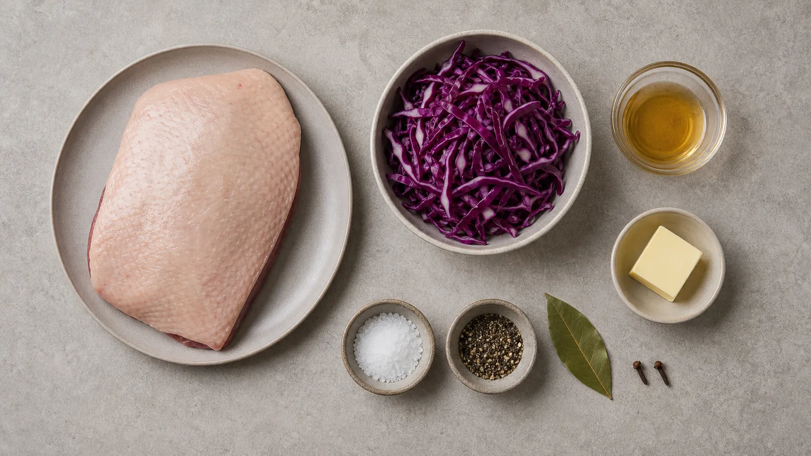 Ingredients for keto goose breast: goose breast, red cabbage, apple cider vinegar, bay leaf, cloves, butter, salt and pepper